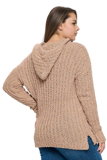 Taupe Plus Size Ribbed Popcorn Knit Tunic Hoodie Sweater - Pack of 6