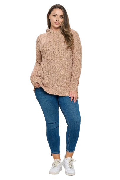 Taupe Plus Size Ribbed Popcorn Knit Tunic Hoodie Sweater - Pack of 6