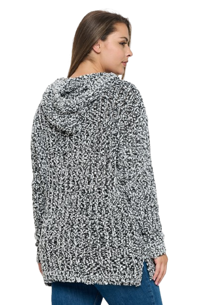 Black White Plus Size Ribbed Popcorn Knit Tunic Hoodie Sweater - Pack of 6