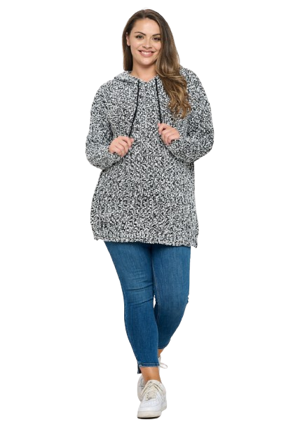 Black White Plus Size Ribbed Popcorn Knit Tunic Hoodie Sweater - Pack of 6