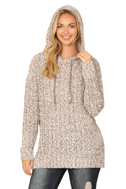 Heather Gray Plus Size Ribbed Popcorn Knit Tunic Hoodie Sweater - Pack of 6