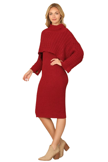 Wine Plus Size Ribbed Sleeve Shawl n Sweater Dress Set - Pack of 6