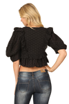 Black Deep V Neck Eyelet Ruffle Detail Puff Sleeve Crop Top - Pack of 5