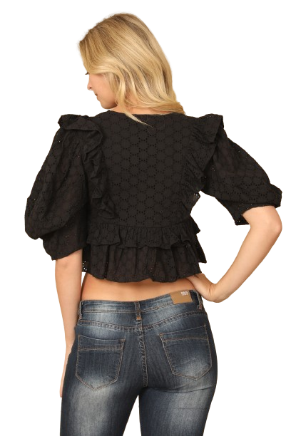 Black Deep V Neck Eyelet Ruffle Detail Puff Sleeve Crop Top - Pack of 5