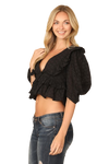 Black Deep V Neck Eyelet Ruffle Detail Puff Sleeve Crop Top - Pack of 5