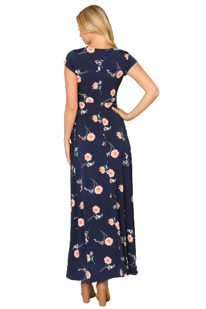 Navy with Flowers Wrap Neck Waist Tie Detail Maxi Dress -  Pack of 6