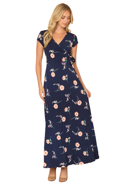 Navy with Flowers Wrap Neck Waist Tie Detail Maxi Dress -  Pack of 6