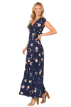 Navy with Flowers Wrap Neck Waist Tie Detail Maxi Dress -  Pack of 6