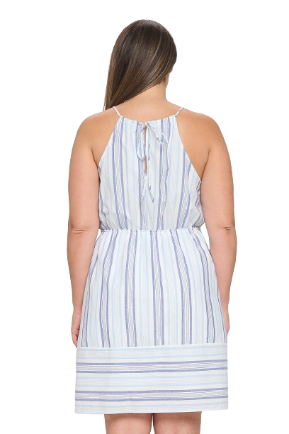 Light Blue Plus Size Spaghetti Strap Cinch Waist Stripes Dress - Pack of 6