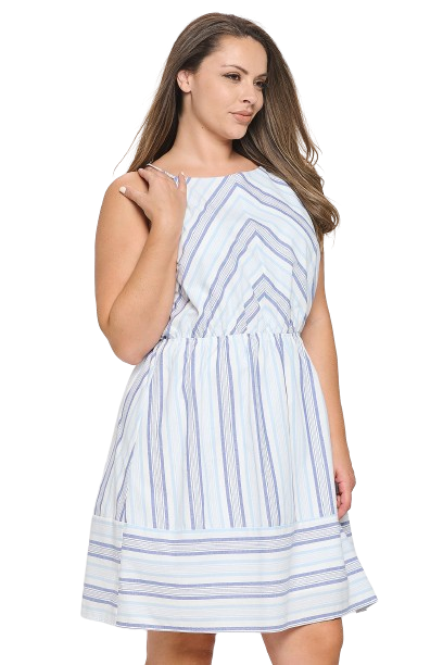 Light Blue Plus Size Spaghetti Strap Cinch Waist Stripes Dress - Pack of 6