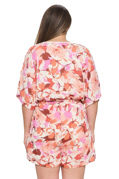 Cream Brick Plus Size Half Sleeve Wrap Tie Floral Romper - Pack of 6