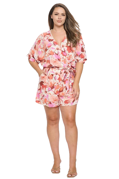 Cream Brick Plus Size Half Sleeve Wrap Tie Floral Romper - Pack of 6