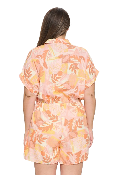 Pink Orange Plus Size Collared Short Sleeve Waist Tie Floral Romper - Pack of 6