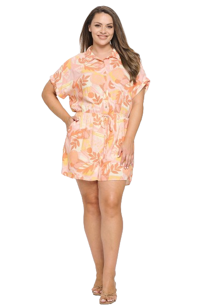 Pink Orange Plus Size Collared Short Sleeve Waist Tie Floral Romper - Pack of 6