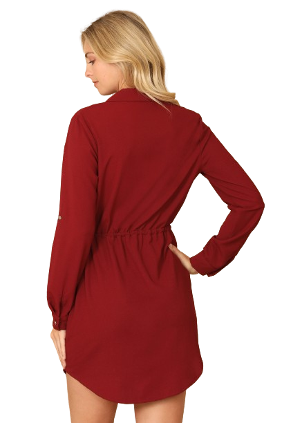 Burgundy Solid Long Sleeve Elastic Waist Wrap Mini Dress - Pack of 6