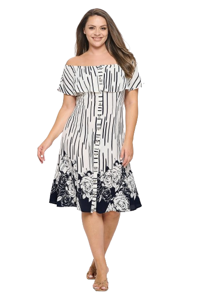 White Navy Plus Size Off Shoulder Floral Hem Dress - Pack of 6