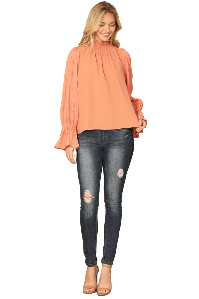 Salmon Ruffle Turtle Neck Long Bell Sleeve Solid Top - Pack of 6