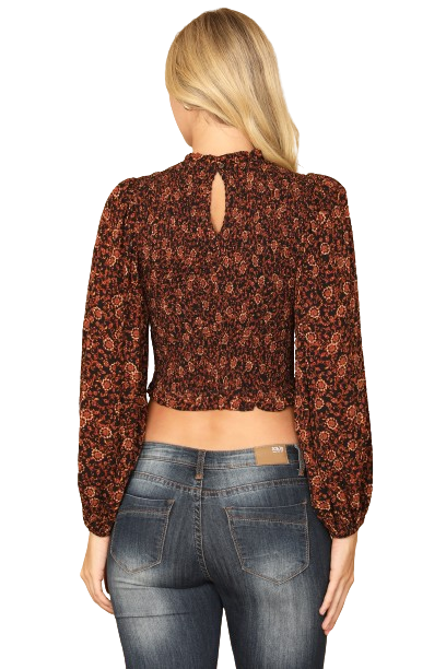 Black Rust Long Puff Sleeve Smocked Printed Crop Top - Pack of 5