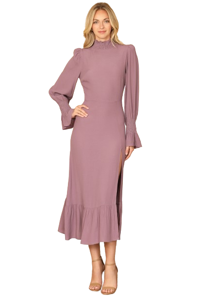 Lilac Smocked Neck and Long Sleeve Side Slit Solid Dress - Pack of 5