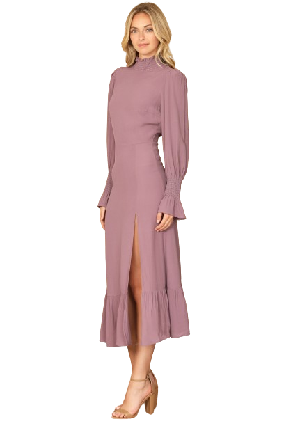 Lilac Smocked Neck and Long Sleeve Side Slit Solid Dress - Pack of 5