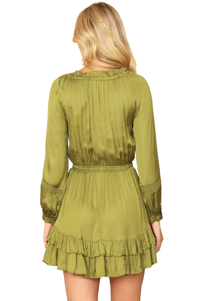 Olive Long Sleeve Pleated Front Ruffle Hem Mini Dress - Pack of 5