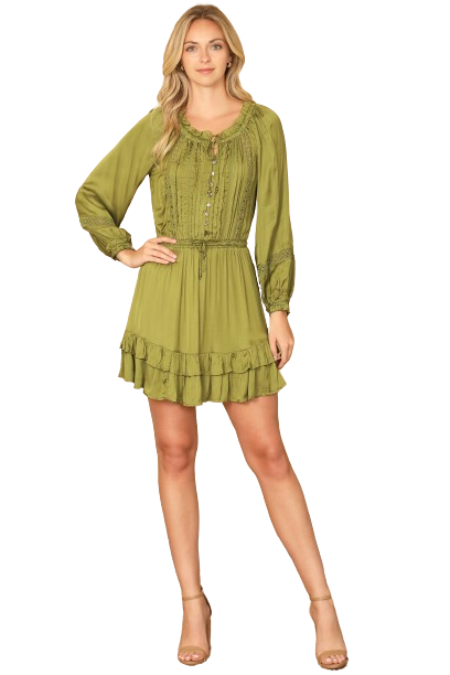 Olive Long Sleeve Pleated Front Ruffle Hem Mini Dress - Pack of 5