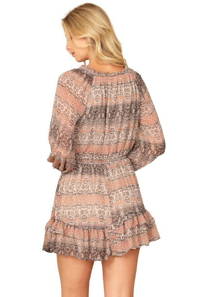 Brown Orange Printed Puff Long Sleeve Ruffle Hem Dress - Pack of 5