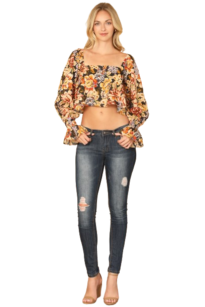 Black Floral Long Puff Sleeve Ruffle Hanging Top - Pack of 5