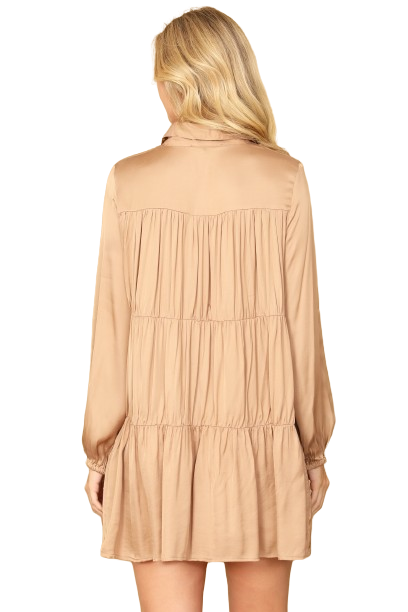 Taupe Collared Long Sleeve Pleated Detail Solid Dress - Pack of 5