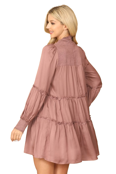 Mauve Shirred High Neck Puff Sleeve Tiered Satiny Dress - Pack of 5