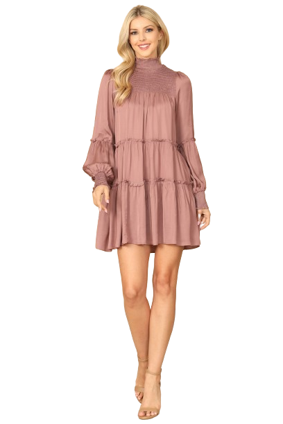 Mauve Shirred High Neck Puff Sleeve Tiered Satiny Dress - Pack of 5