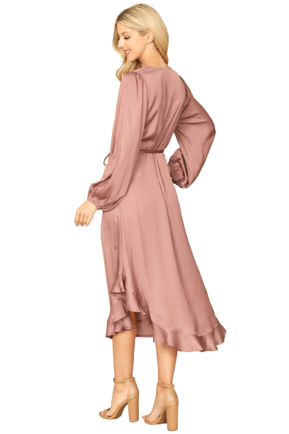 Mauve V Neck Waist Tie Ruffle Hem Midi Dress - Pack of 5