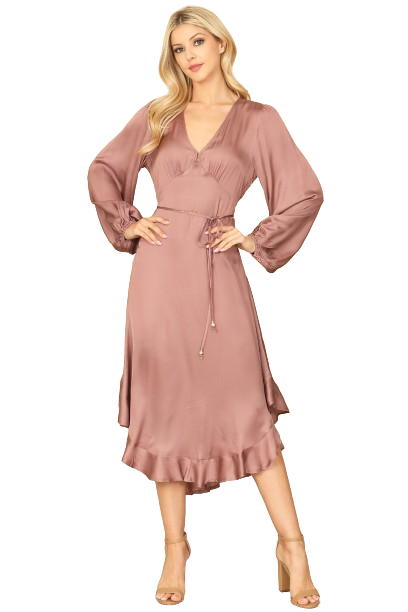 Mauve V Neck Waist Tie Ruffle Hem Midi Dress - Pack of 5