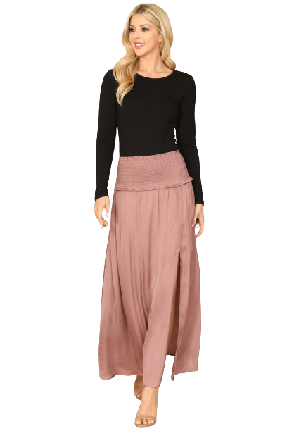 Mauve Shirred Waist Double Thigh Split Satiny Skirt - Pack of 5