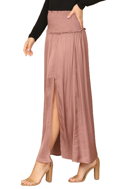 Mauve Shirred Waist Double Thigh Split Satiny Skirt - Pack of 5