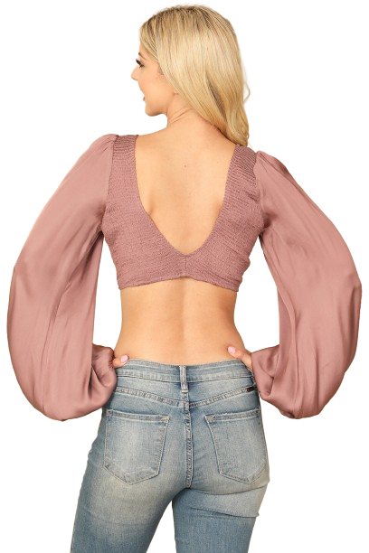 Mauve Bralette Shirred Front Long Puff Sleeve Satiny Top - Pack of 5