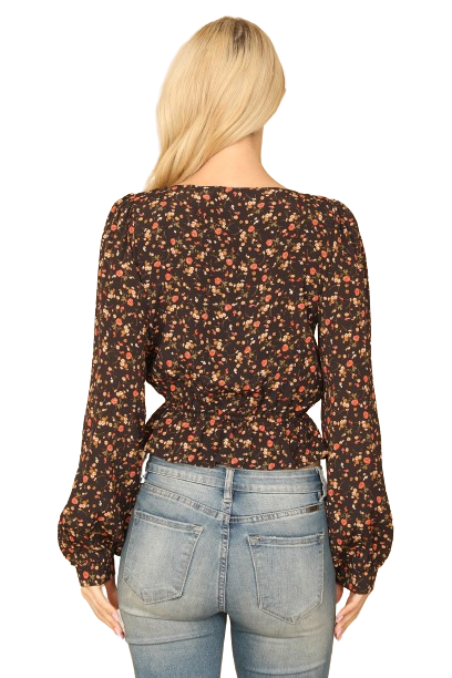 Black Rust Puff Sleeve Elastic Ruffle Waist Floral Crop Top - Pack of 5