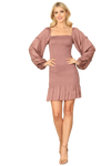 Mauve Square Neck Long Sleeve Smocked Ruffle Hem Dress - Pack of 5