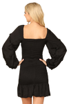 Black Square Neck Long Sleeve Smocked Ruffle Hem Dress - Pack of 5