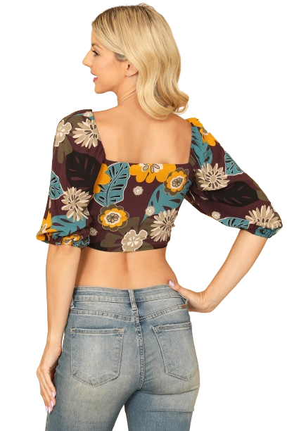 Purple Yellow Puff Sleeve Knot Detail Printed Bralette Top - Pack of 5