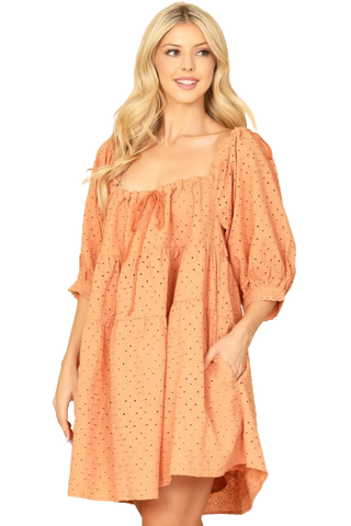 Brown Orange Printed Puff Long Sleeve Ruffle Hem Dress - Pack of 5