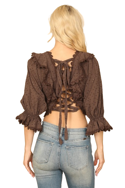 Brown Flounce Sleeve Plunging Eyelet Ruffle Crop Top - Pack of 5