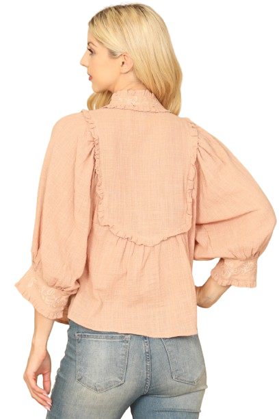 Dusty Peach BIB Neck Floral Patch Puff Sleeve Solid Top - Pack of 5