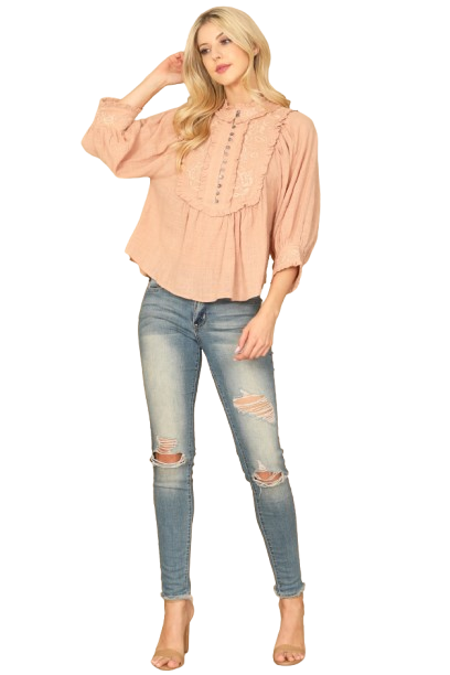 Dusty Peach BIB Neck Floral Patch Puff Sleeve Solid Top - Pack of 5