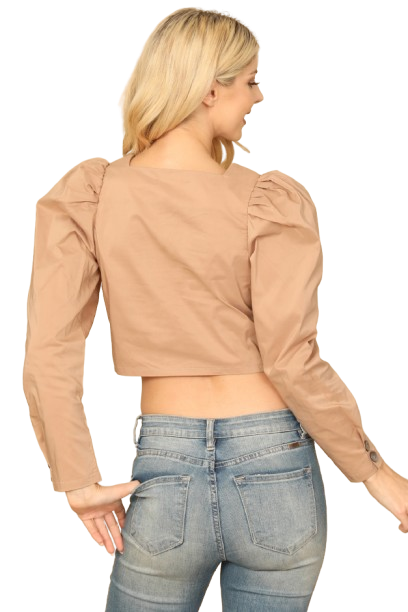 Light Brown Square Neck Pleated Long Sleeve Solid Crop Top - Pack of 5