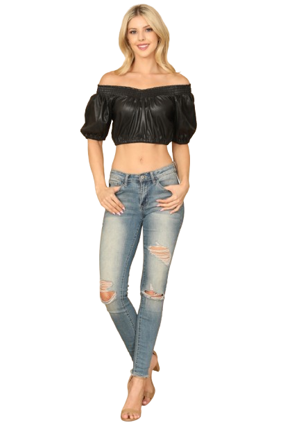 Black Leather Off Shoulder Crop Top - Pack of 5