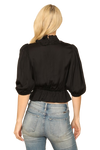 Black Ruffle Neck Puff Sleeve Cinch Waist Satiny Crop Top - Pack of 5