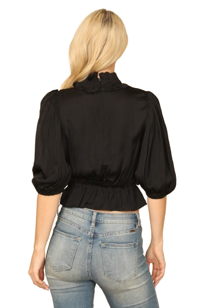 Black Ruffle Neck Puff Sleeve Cinch Waist Satiny Crop Top - Pack of 5