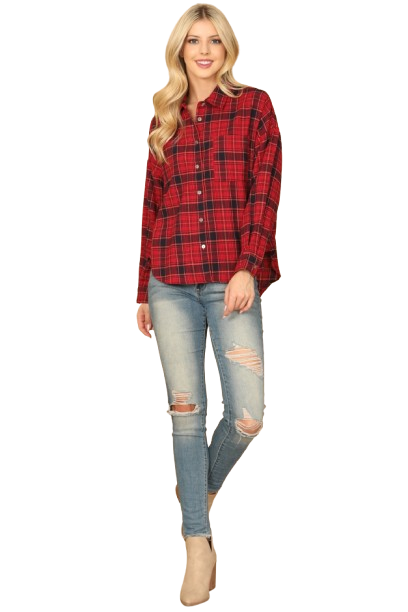 Red Plaid Long Sleeve Button Down Top - Pack of 5