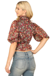 Black Floral High Neck Ruffle Detail Puff Sleeve Crop Top - Pack of 5